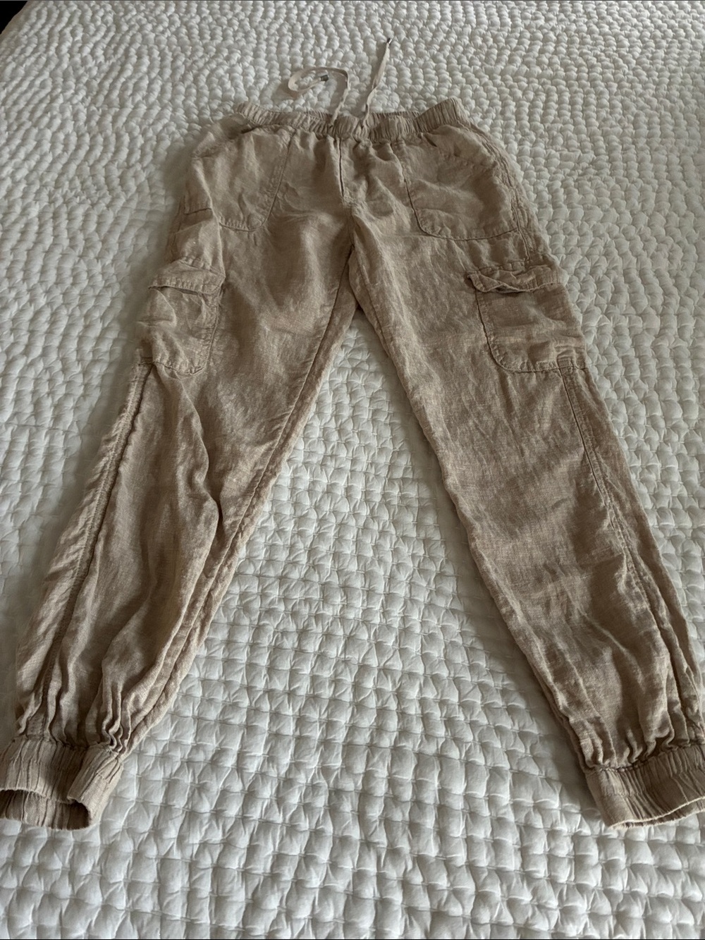 Nicole Miller Linen Beige Cargo Jogger Pants